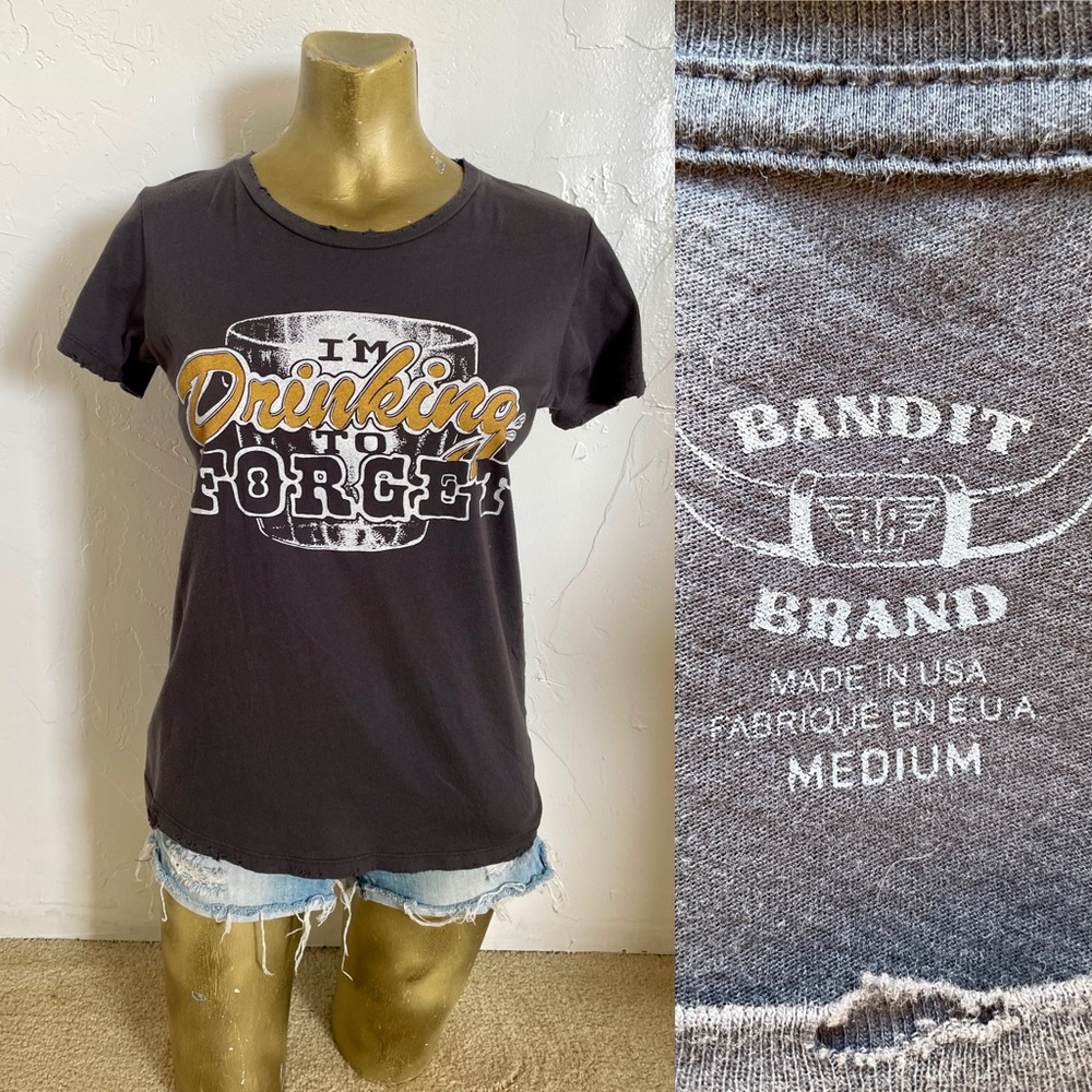BANDIT Brand I’M DRINKING TO FORGET Festival Distressed WESTERN Tee SHIRT Medium - Picture 2 of 13
